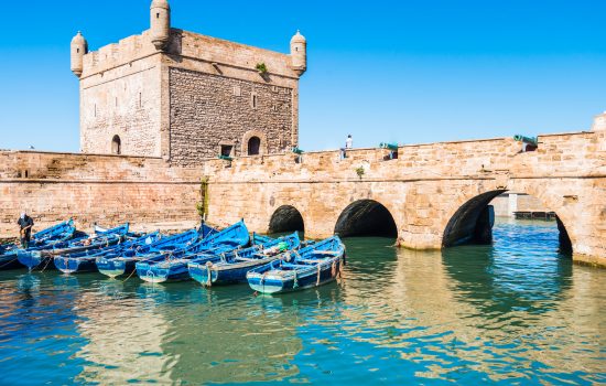 Blue boats in the port of Essaouira in Morocco