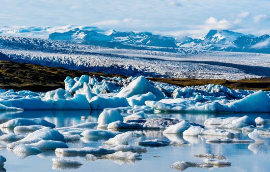 Vatnajokull Glacier viewed from Fjallsarlon glacier lake in Southern Iceland