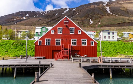 Reg house and green grass in Siglufjörður, Iceland