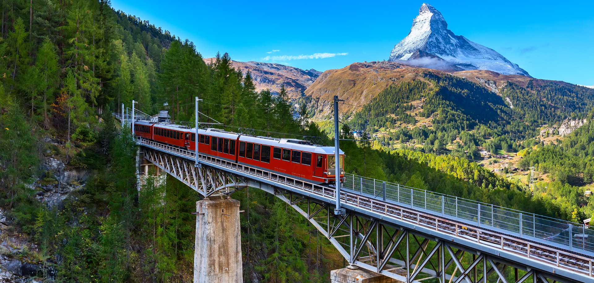 The Swiss Alpine Express travelling across a birdge during a rail