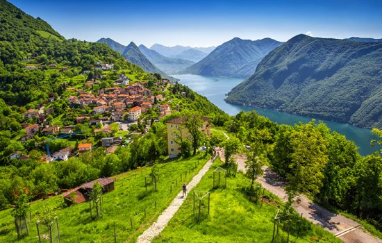 Lugano City, on Lake Lugano, Switzerland